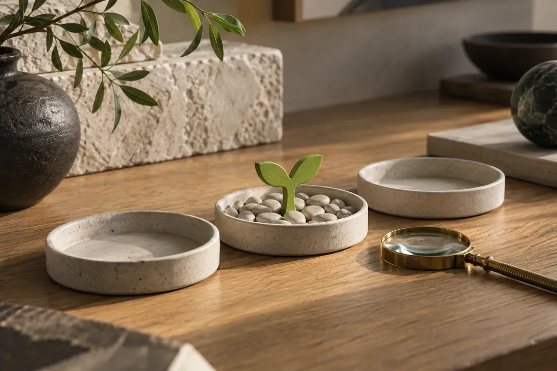 A lime seedling marker in one of three ceramic trays, suggesting a focused first experiment